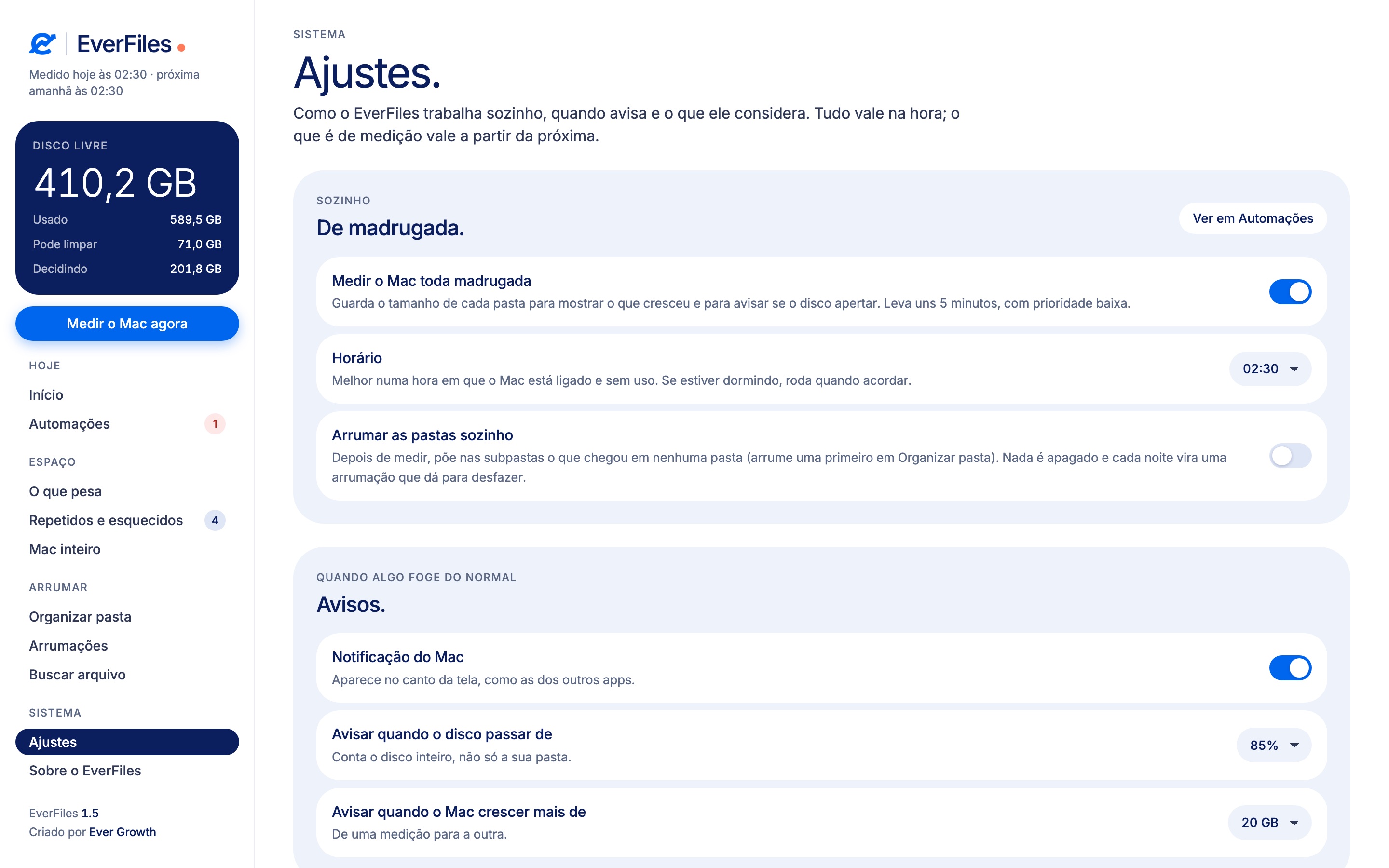 Tela de ajustes